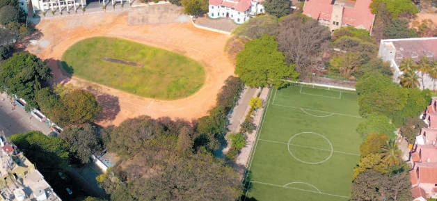 Aerial view of the Bishop Cotton Boys' School playing fields in Central Bengaluru
