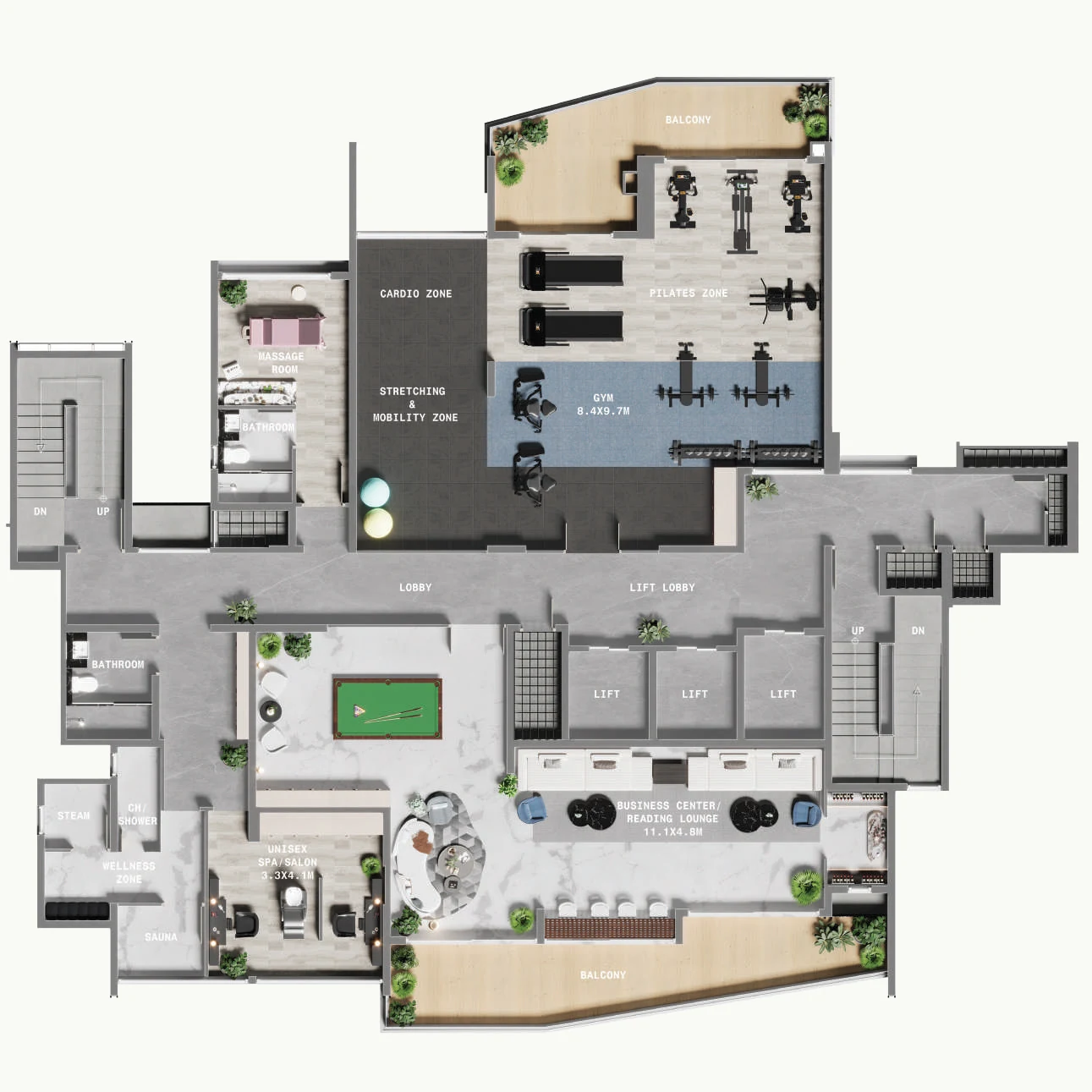 Level 24 clubhouse plan at Purva Orient Grand: gym with cardio, Pilates and stretching zones, massage room, unisex spa and salon, steam, sauna, billiards, business centre and reading lounge