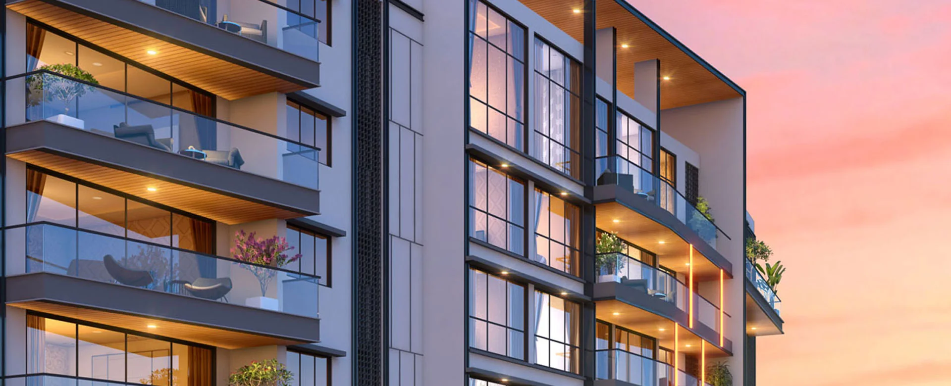 Render of the Purva Orient Grand façade with glass-railed private decks at sunset