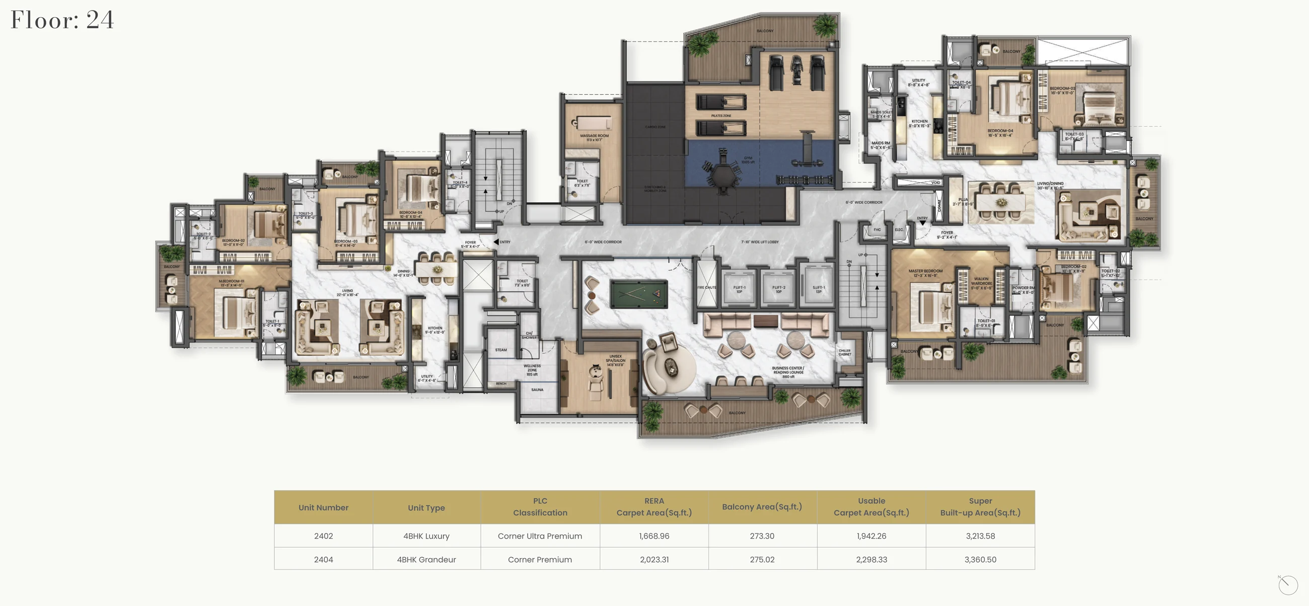 Purva Orient Grand level 24 plan: homes 2402 and 2404 either side of the clubhouse with gym, spa and salon, billiards and business centre