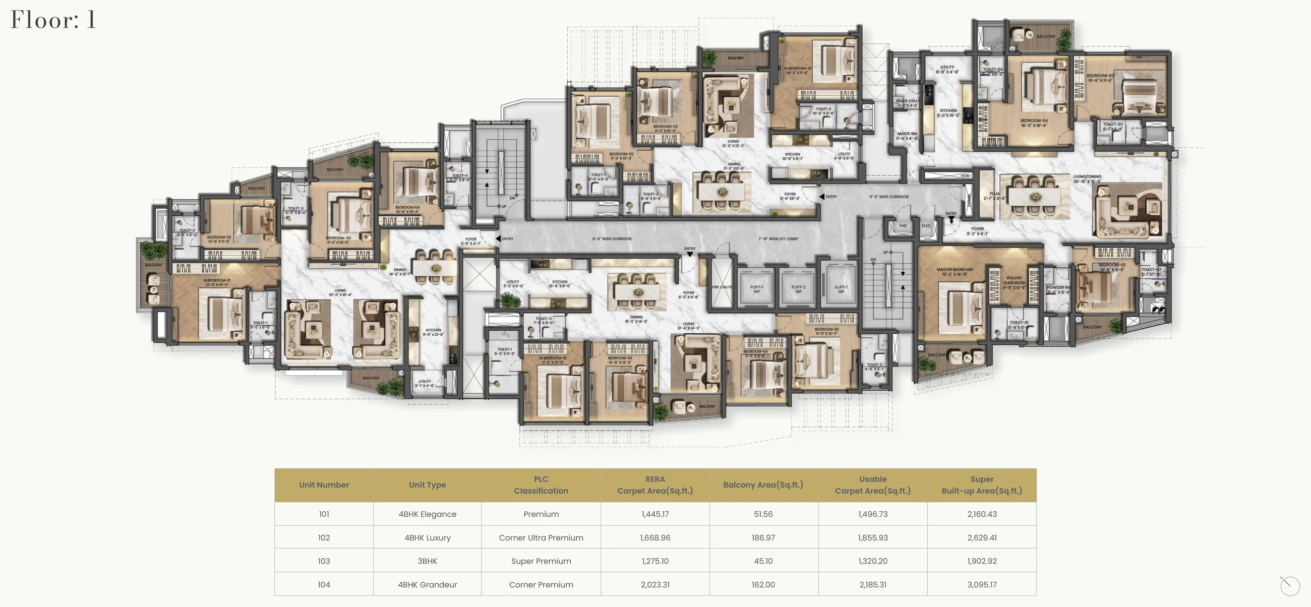 Purva Orient Grand first floor plan: homes 101 to 104 in all four grades around the central lift lobby, with carpet, balcony and super built-up areas