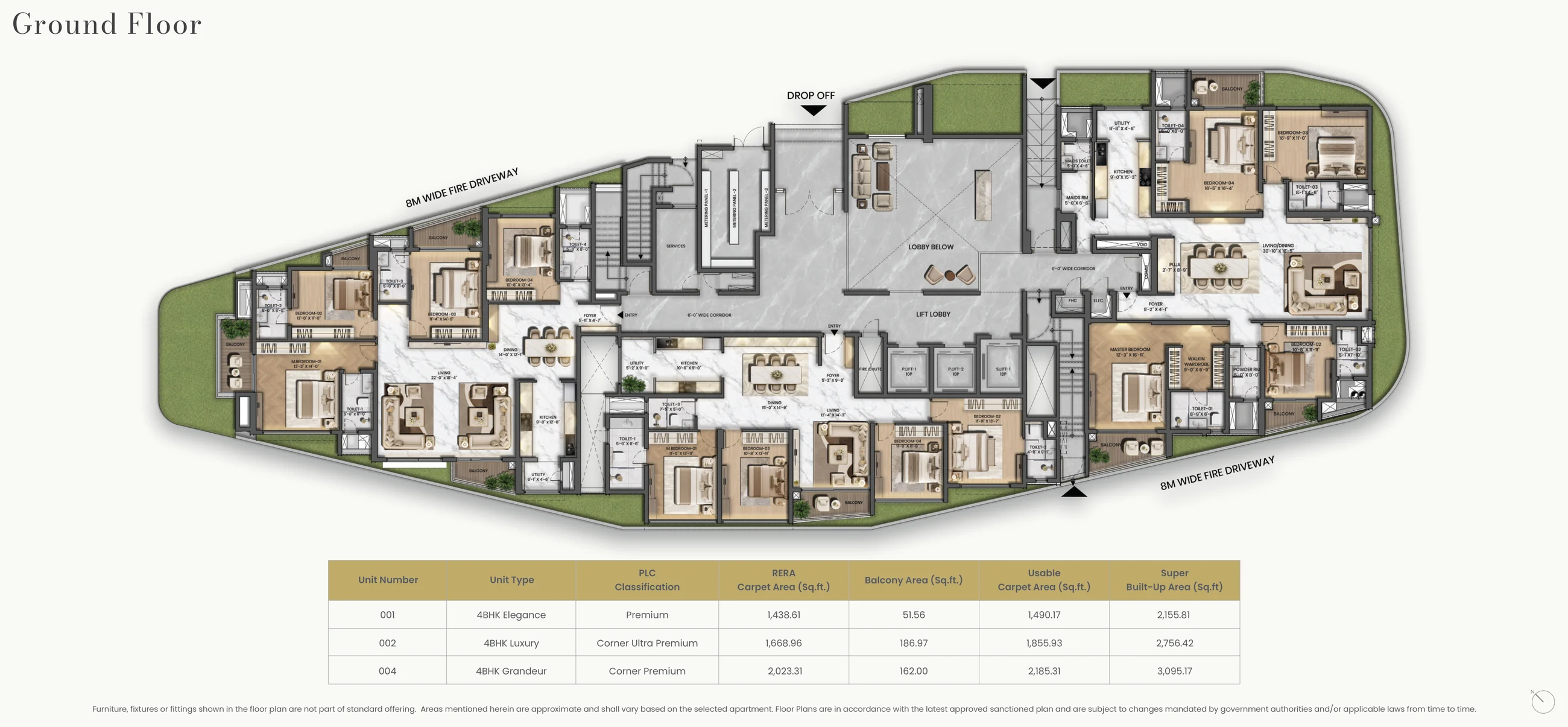 Purva Orient Grand ground floor plan: homes 001, 002 and 004 around the lift lobby, drop-off and services, with the area statement for each home