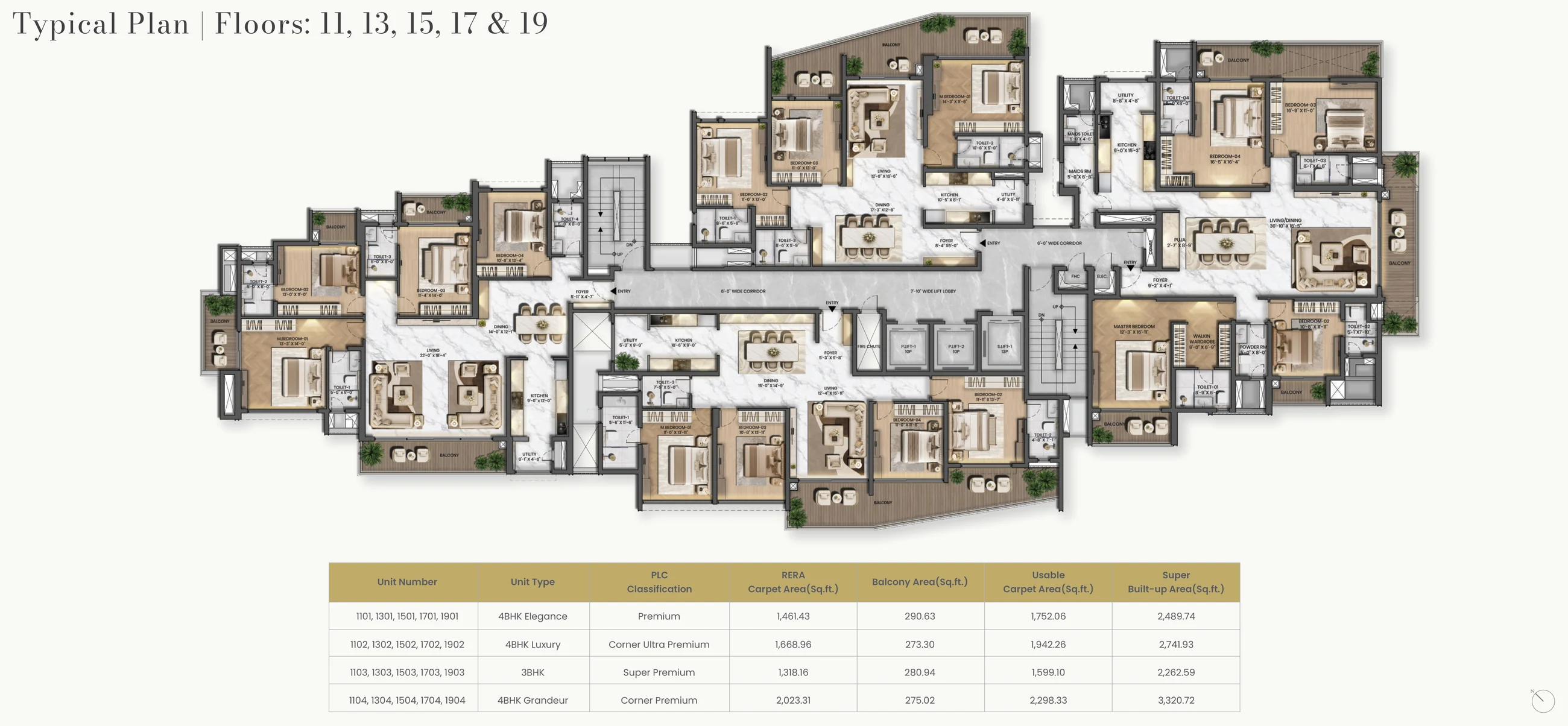 Purva Orient Grand typical floor plan for floors 11, 13, 15, 17 and 19: four homes around a central lift lobby with the area statement for each unit