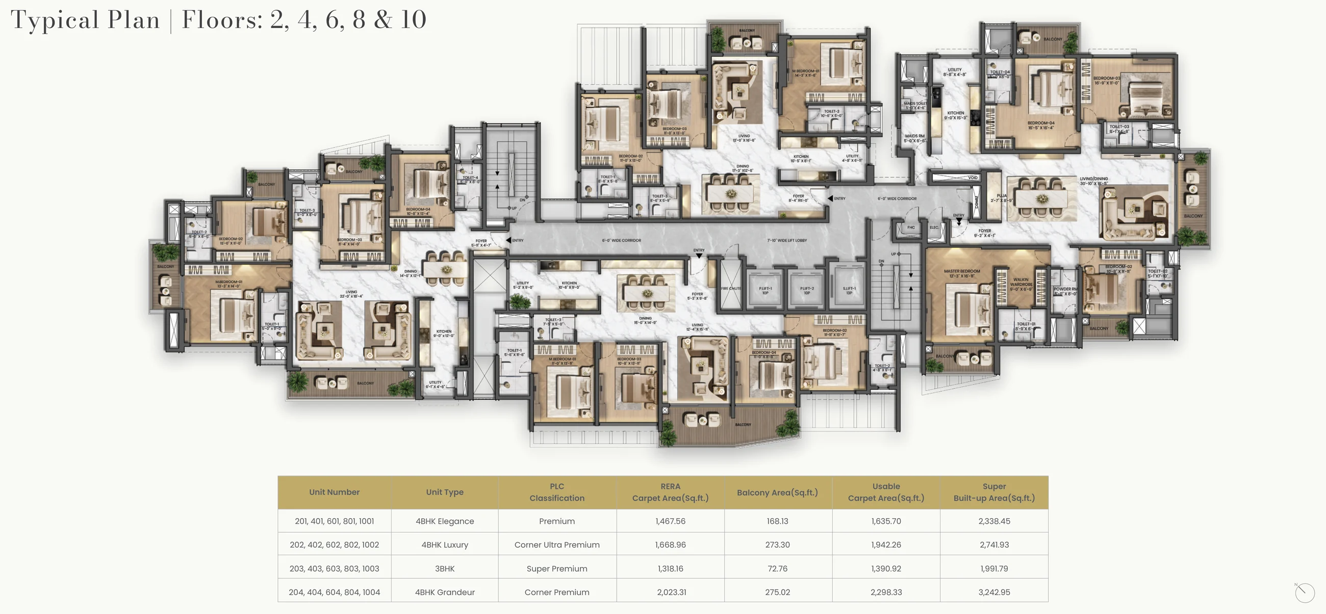 Purva Orient Grand typical floor plan for floors 2, 4, 6, 8 and 10: four homes separated by the lift core, staircases and corridors