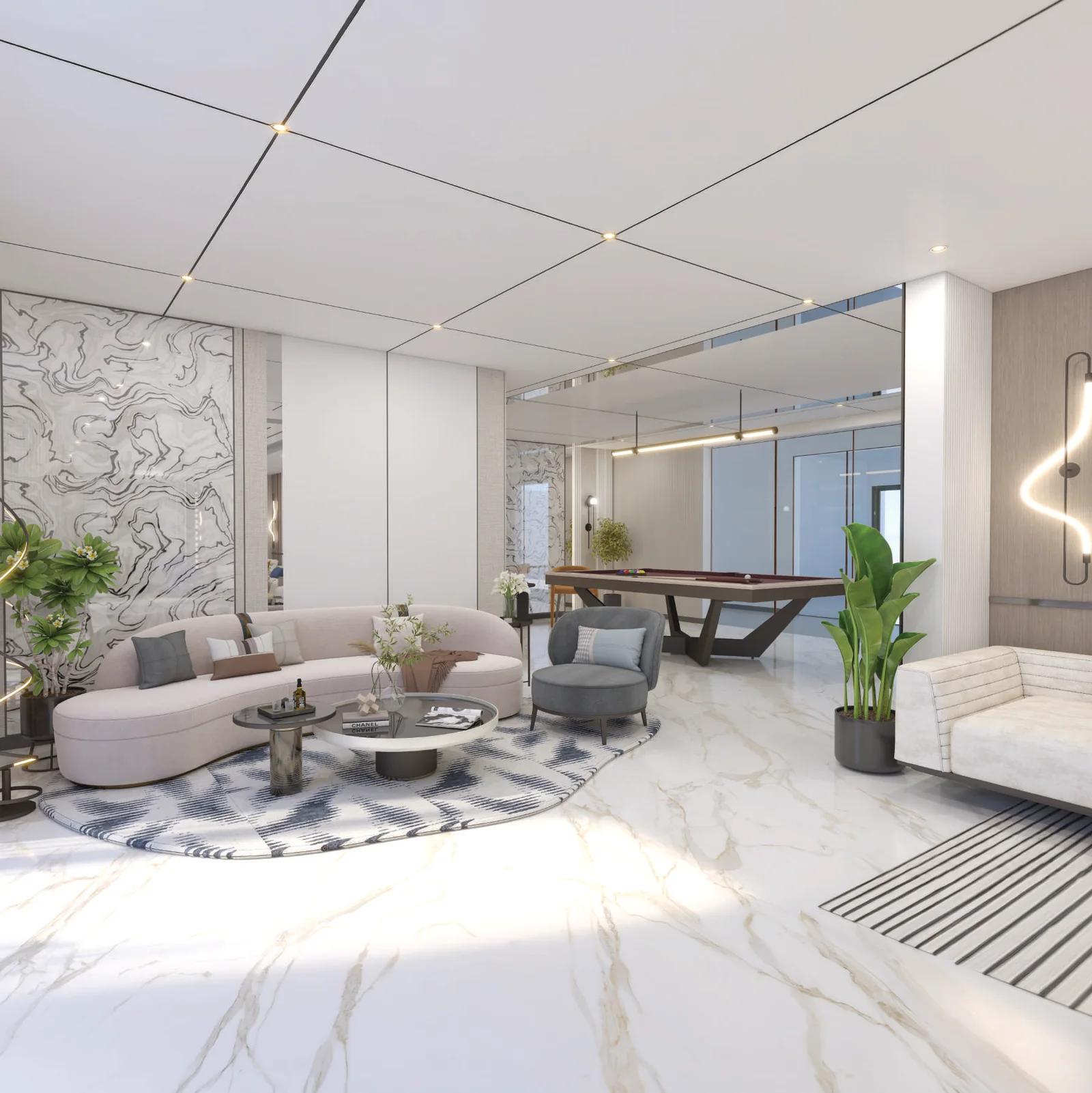 Games Lounge with a billiards table, lounge seating and marble flooring