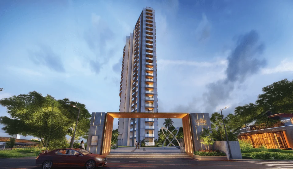 Night render of the Purva Orient Grand entrance portal on Lal Bagh Main Road, with the sculpture court and the lit G+24 tower behind it