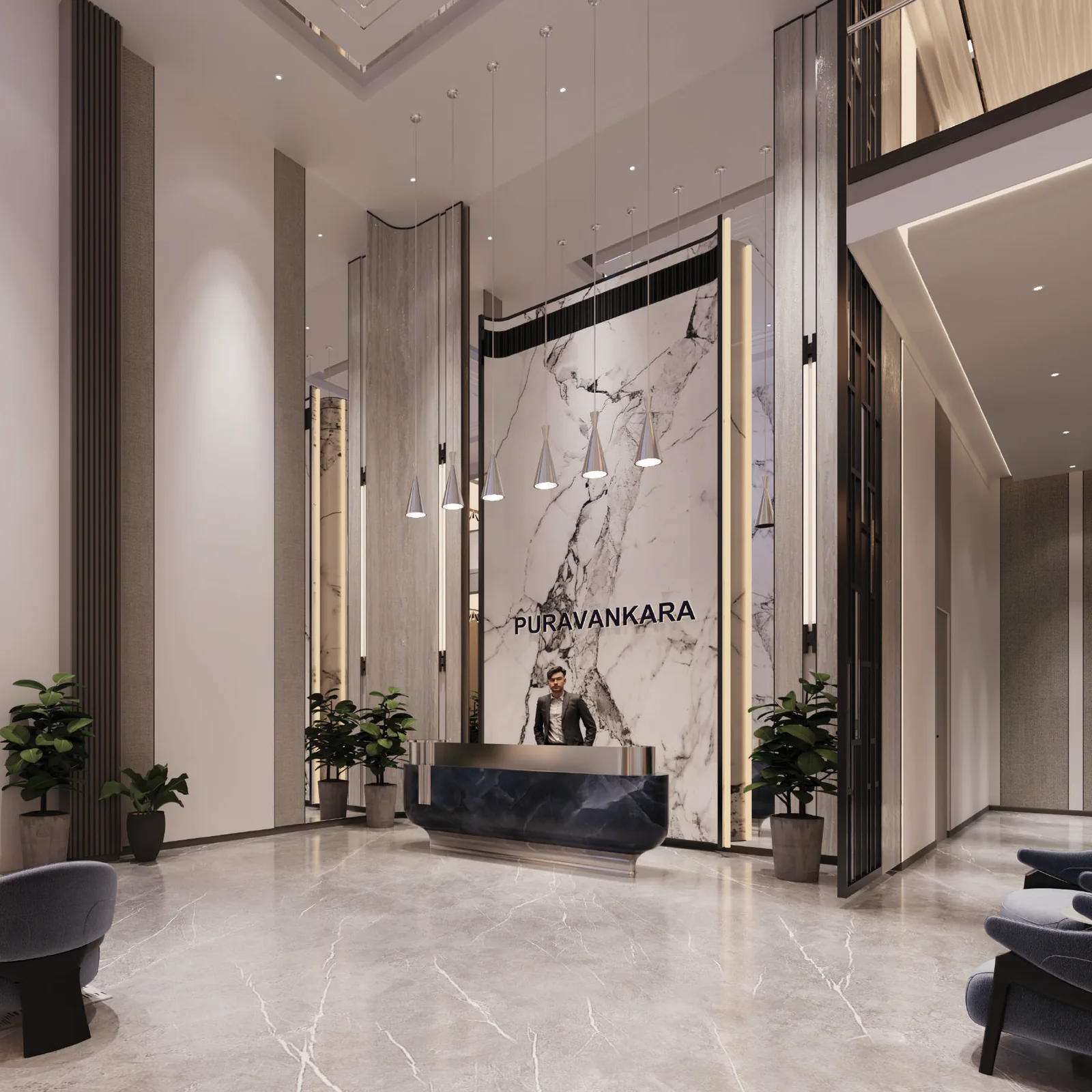 Double-height marble arrival lobby at Purva Orient Grand