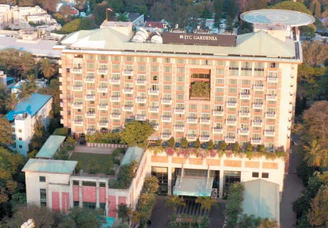 Aerial view of the ITC Gardenia hotel with its landscaped terraces in Central Bengaluru