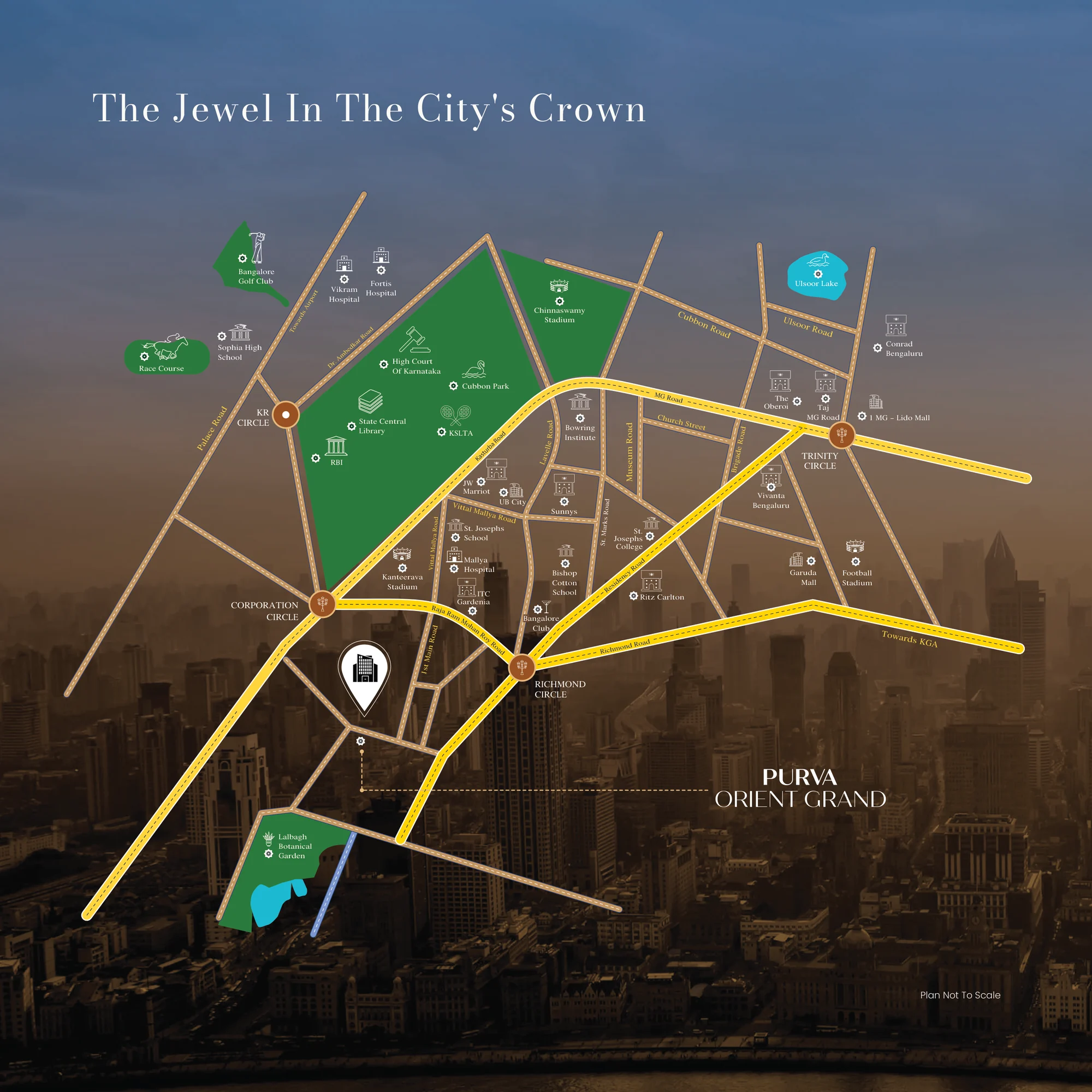 Official Purva Orient Grand location map showing the project on Lal Bagh Main Road near Lalbagh Botanical Garden, Richmond Circle, Cubbon Park, UB City and MG Road (not to scale)