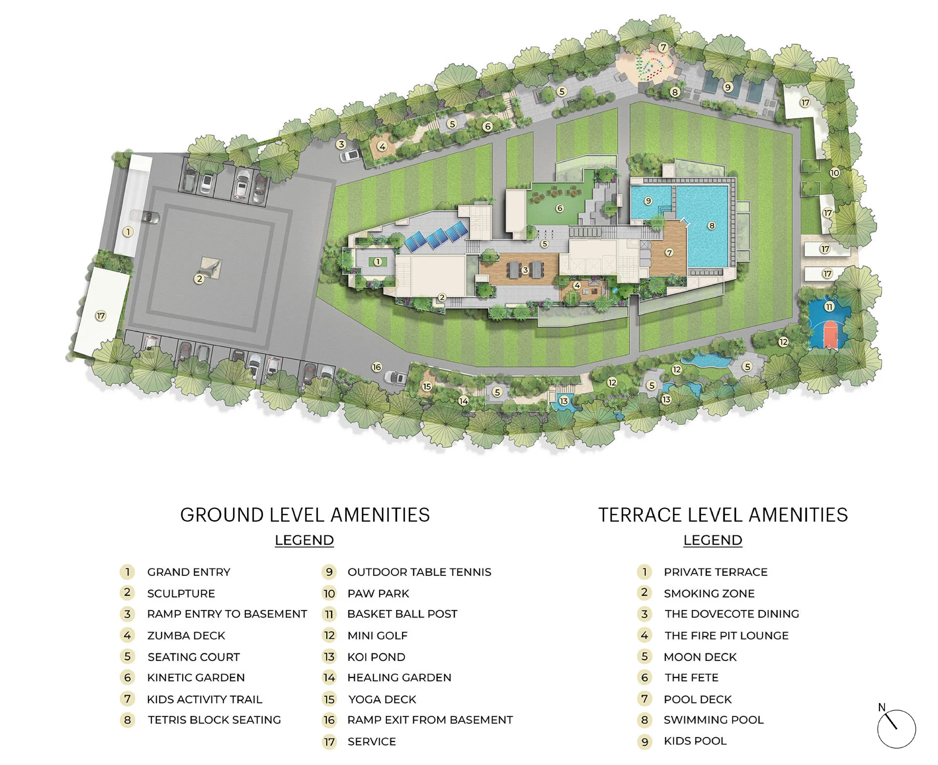 Official Purva Orient Grand landscape plan with its ground-level legend — grand entry, sculpture, zumba deck, seating court, kinetic garden, kids' activity trail, Tetris block seating, outdoor table tennis, Paw Park, basketball post, mini golf putting green, koi pond, healing garden and yoga deck — and its terrace-level legend from private terrace to kids' pool