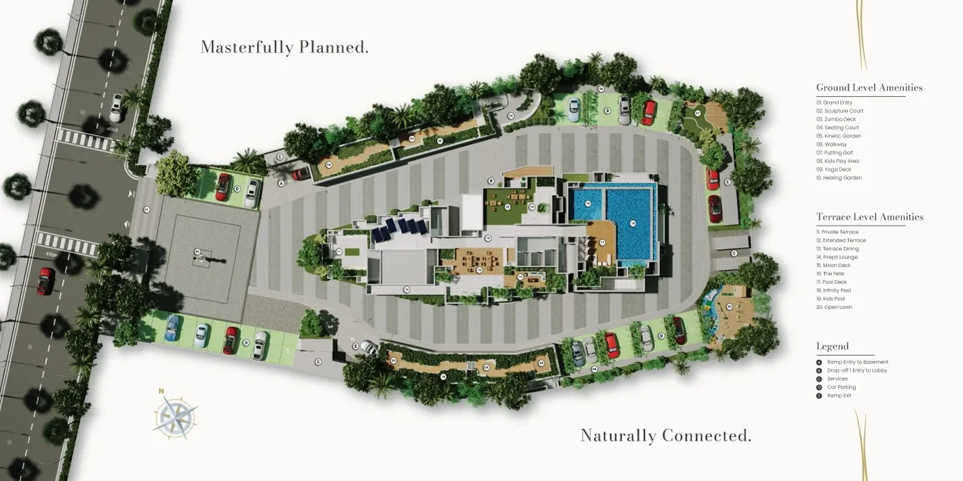 Purva Orient Grand master plan: single tower on Lal Bagh Main Road with numbered ground-level and terrace-level amenities