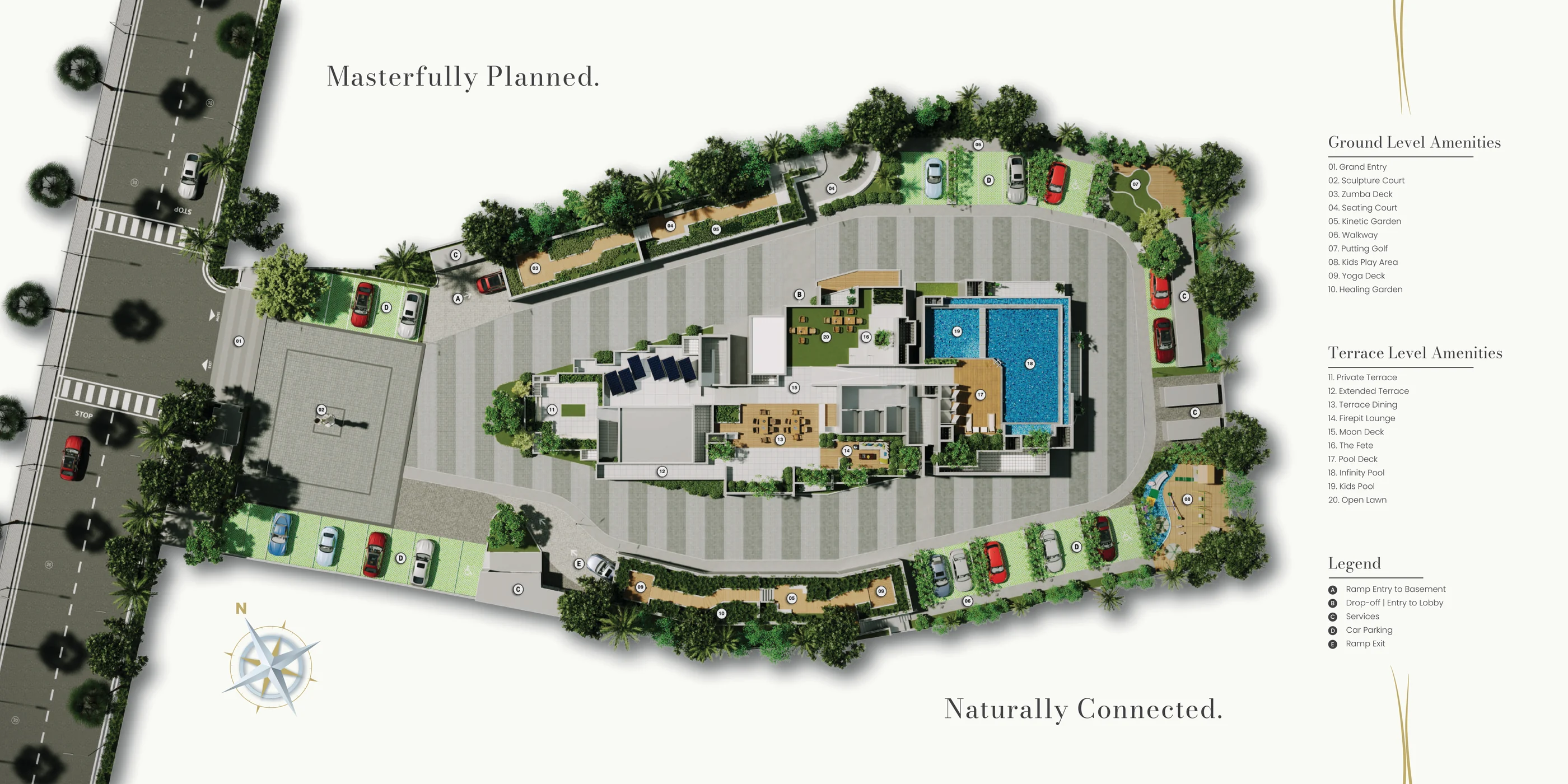 Purva Orient Grand master plan from the official brochure: the single tower on Lal Bagh Main Road with numbered ground-level amenities 01 to 10, terrace-level amenities 11 to 20 and the ramp, drop-off, services and parking legend A to E