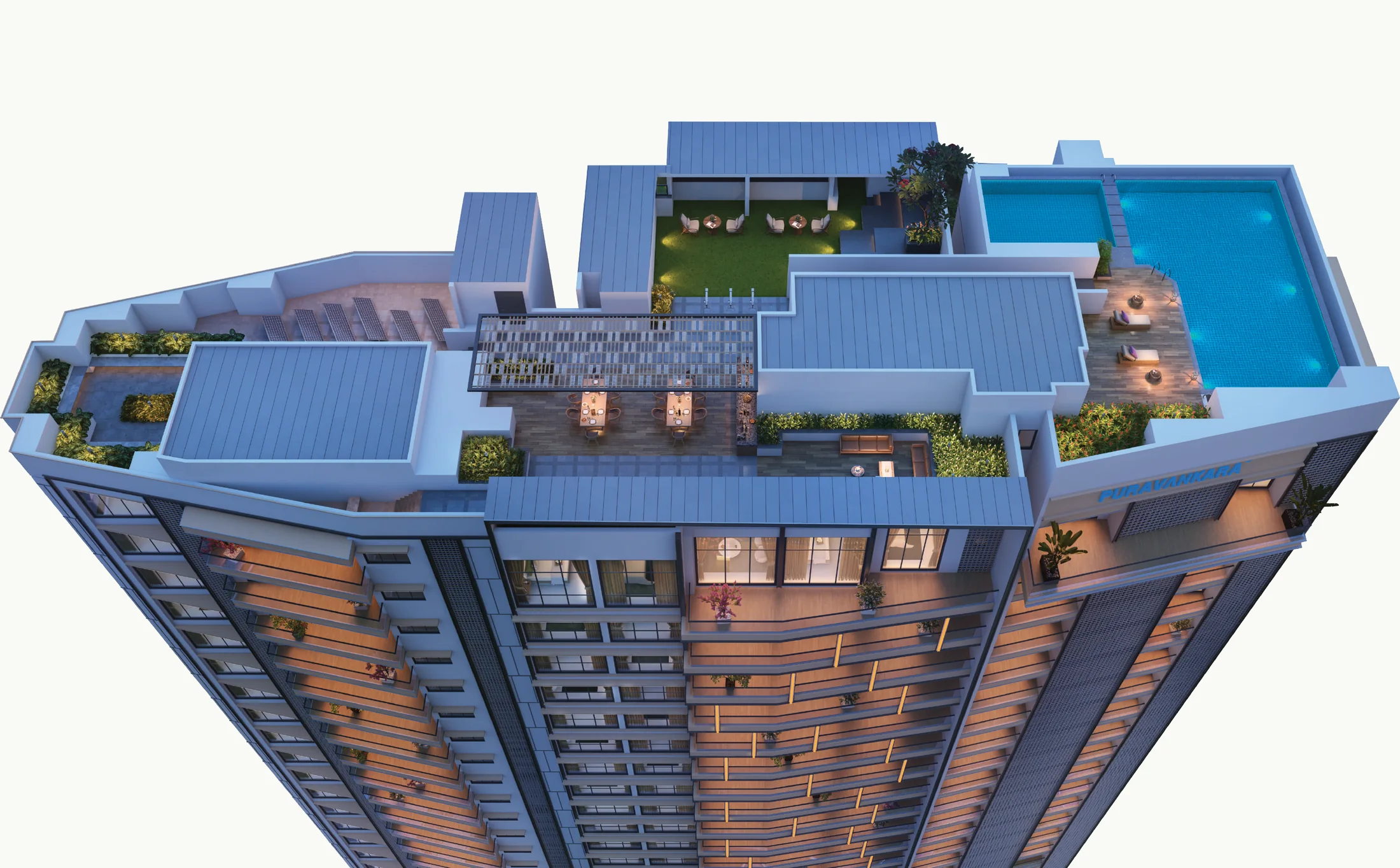 Aerial render of the Purva Orient Grand rooftop club with the infinity pool, lawn and pergola-covered dining terrace