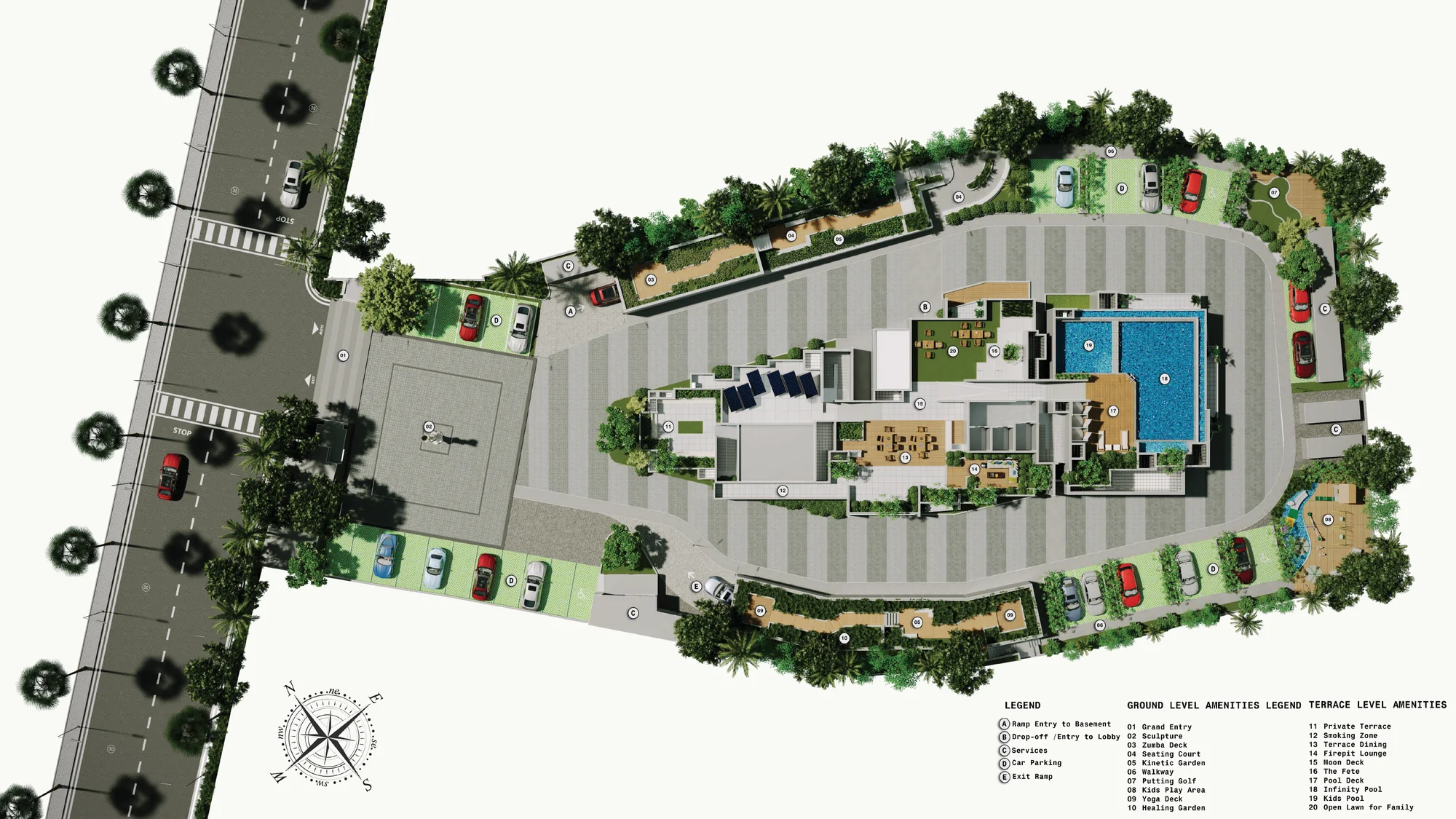 Top-view landscape render of the Purva Orient Grand site: Lal Bagh Main Road entry and sculpture court, the drive around the tower, gardens along the edges and the rooftop pool and lawn