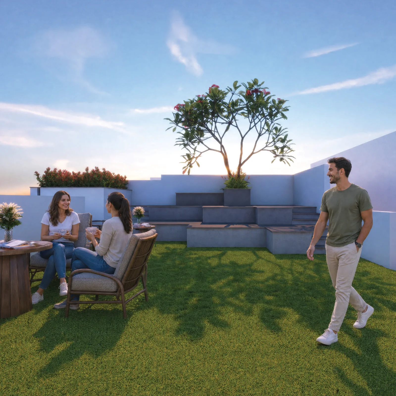 The Fête, the rooftop recreation lawn with tiered seating at The Rose & Cypress club