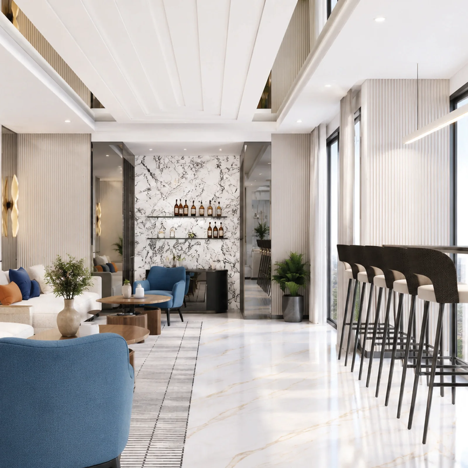 The Larder Room at The Rose & Cypress club, with a marble bar wall and high bar seating