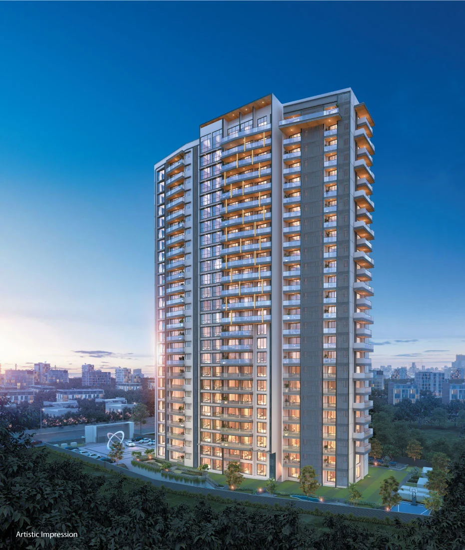 Artistic impression of the Purva Orient Grand tower at blue hour, its balconies lit and the landscaped podium and basketball court at its base
