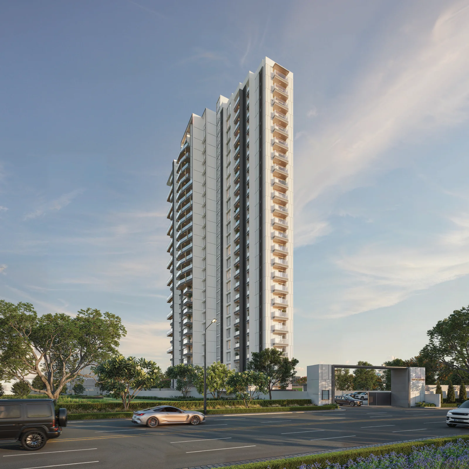 Daylight render of Purva Orient Grand seen from Lal Bagh Main Road, the white G+24 tower rising behind mature trees and the gated entrance