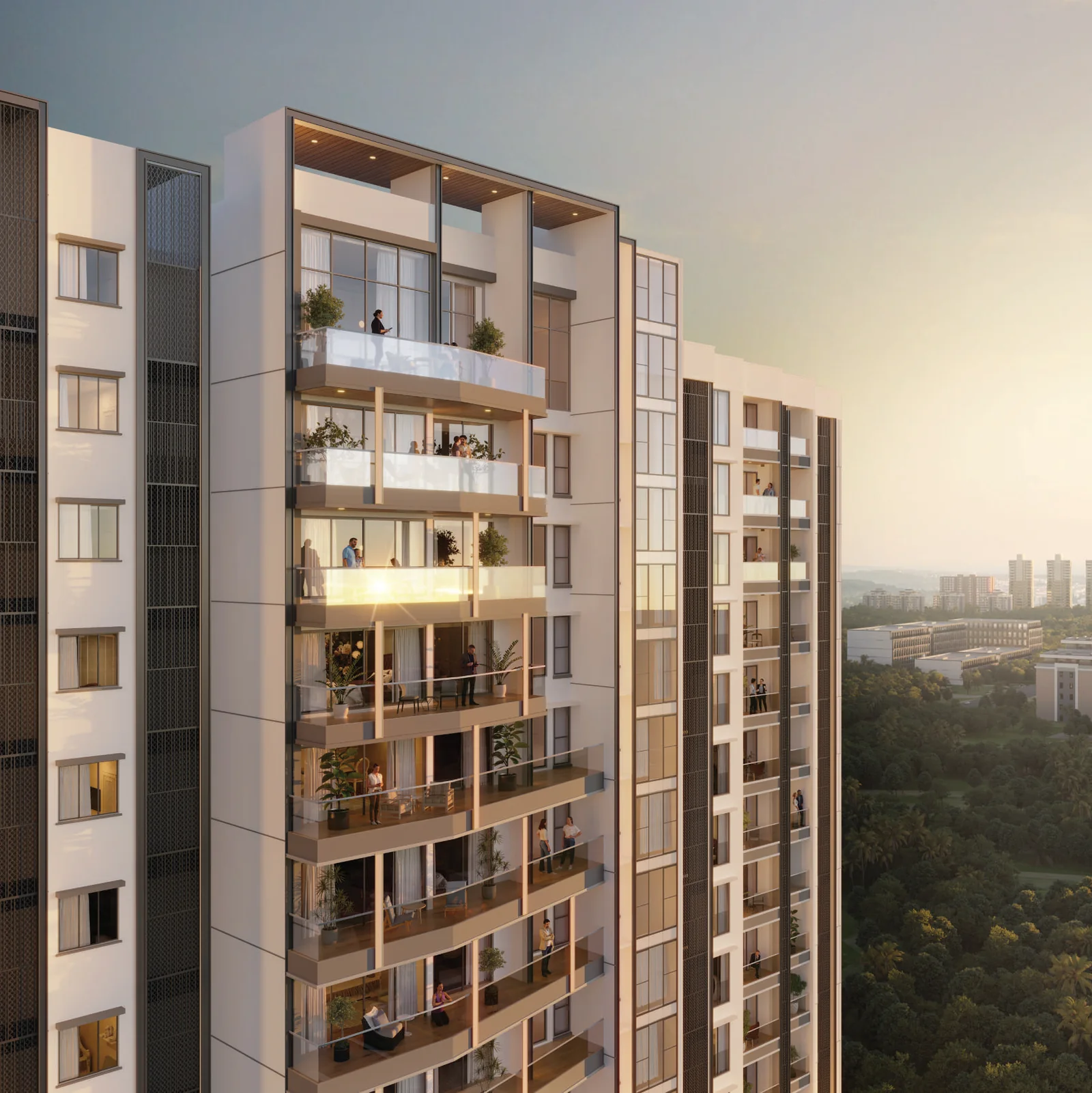 Close view of the Purva Orient Grand façade with private decks and balconies at sunrise