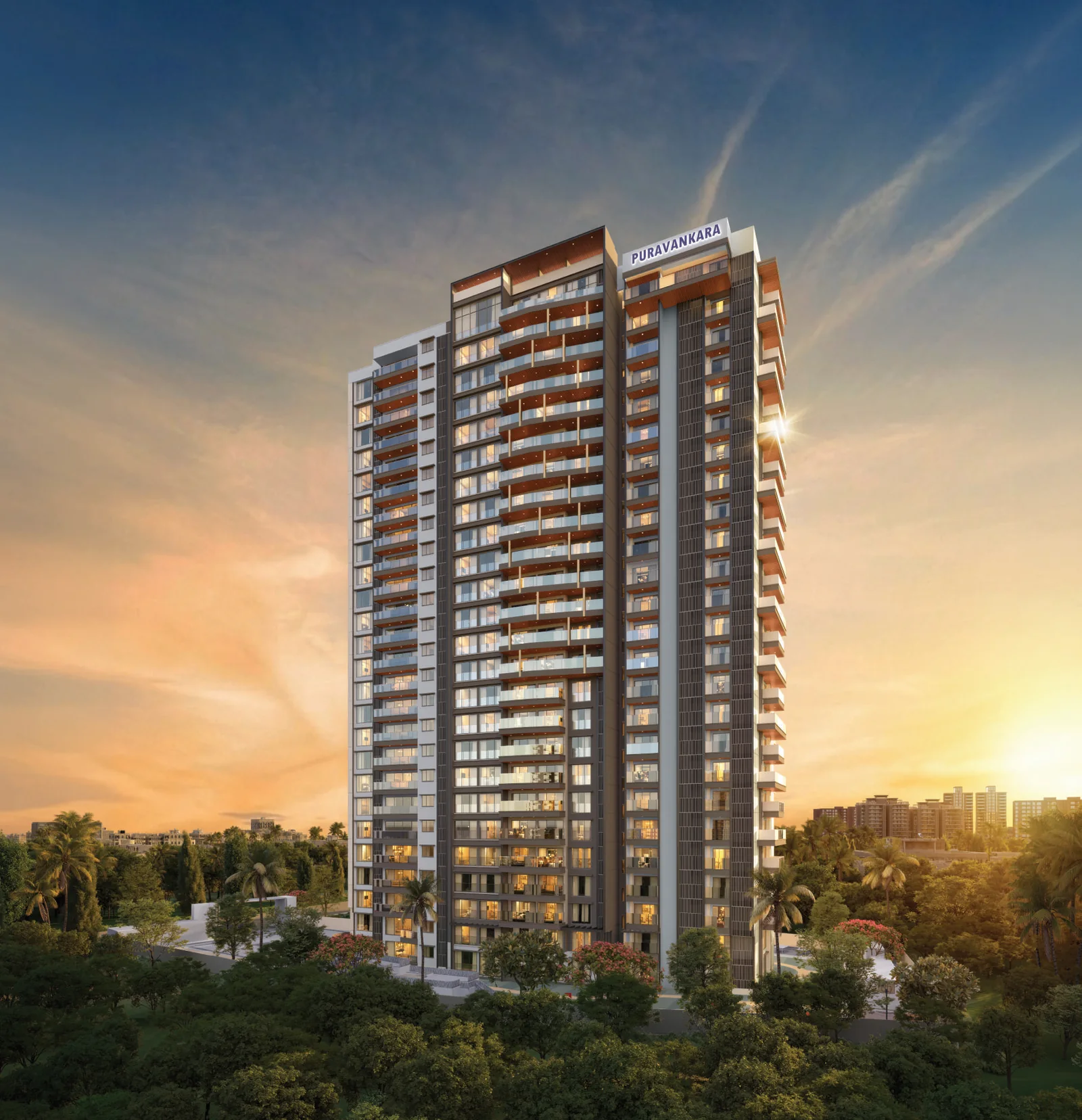 Purva Orient Grand tower at golden hour, rising above the tree canopy of Central Bengaluru