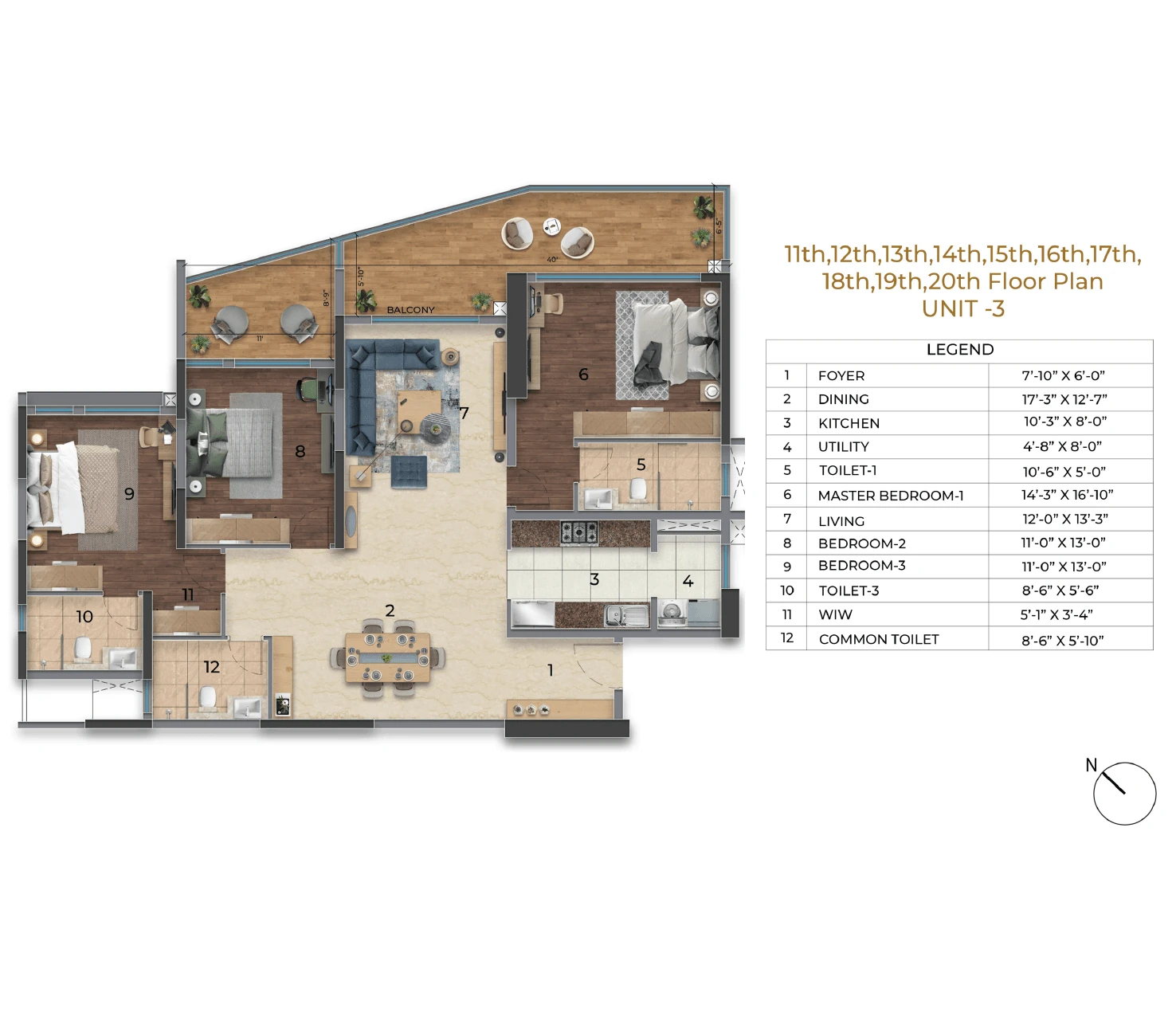 Purva Orient Grand 3 BHK Super Premium unit plan (Unit 03) with foyer, living, dining, kitchen, utility, three bedrooms and a long balcony: carpet 1,275–1,318 sq ft, super built-up 1,902–2,262 sq ft, balcony 45–280 sq ft