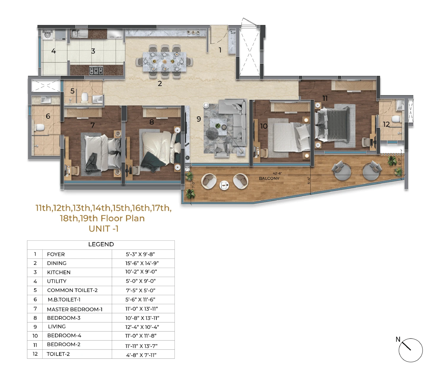 Purva Orient Grand 4 BHK Elegance unit plan (Unit 01) with foyer, dining, living, kitchen, utility, four bedrooms and a 42-foot balcony: carpet 1,438–1,467 sq ft, super built-up 2,155–2,489 sq ft, balcony 51–290 sq ft