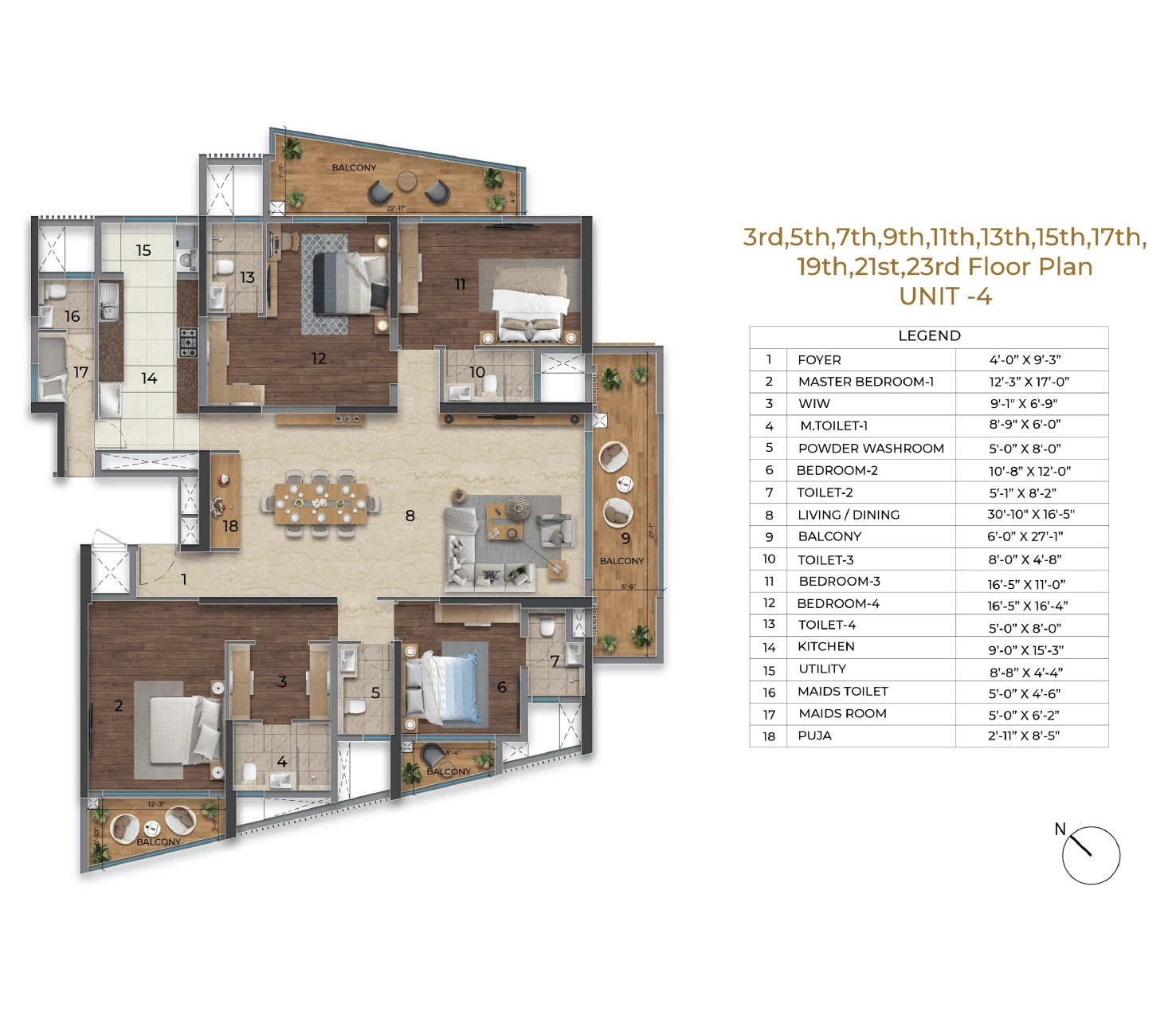 Purva Orient Grand 4 BHK Grandeur corner unit plan (Unit 04) with a 30-foot living and dining room, puja, walk-in wardrobe, maid's room and four balconies: carpet 2,023 sq ft, super built-up 3,095–3,360 sq ft, balcony 162–275 sq ft