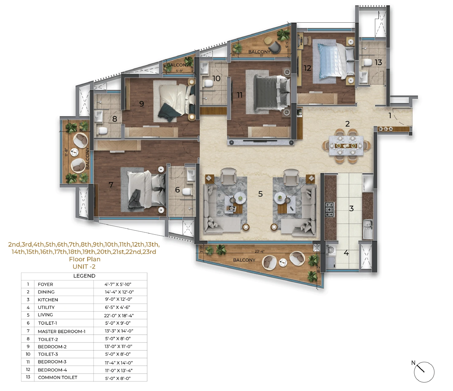 Purva Orient Grand 4 BHK Luxury corner unit plan (Unit 02) with a 22-foot living room, four bedrooms and four balconies: carpet 1,668 sq ft, super built-up 2,629–2,741 sq ft, balcony 186–273 sq ft