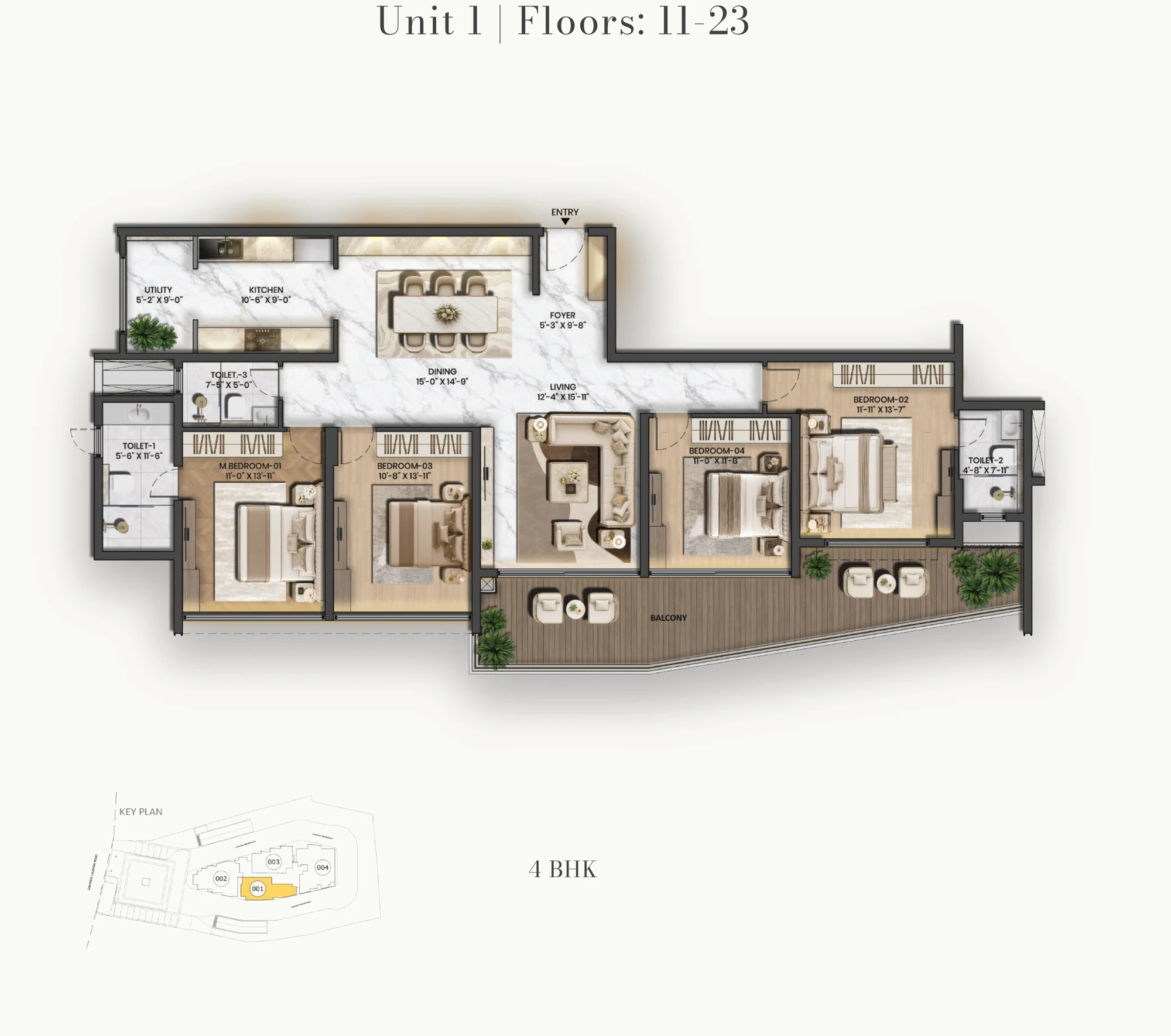 Purva Orient Grand 4 BHK Elegance floor plan, Unit 01 on floors 11 to 23: four bedrooms, three toilets and one continuous deck along the living room, bedroom 4 and bedroom 2