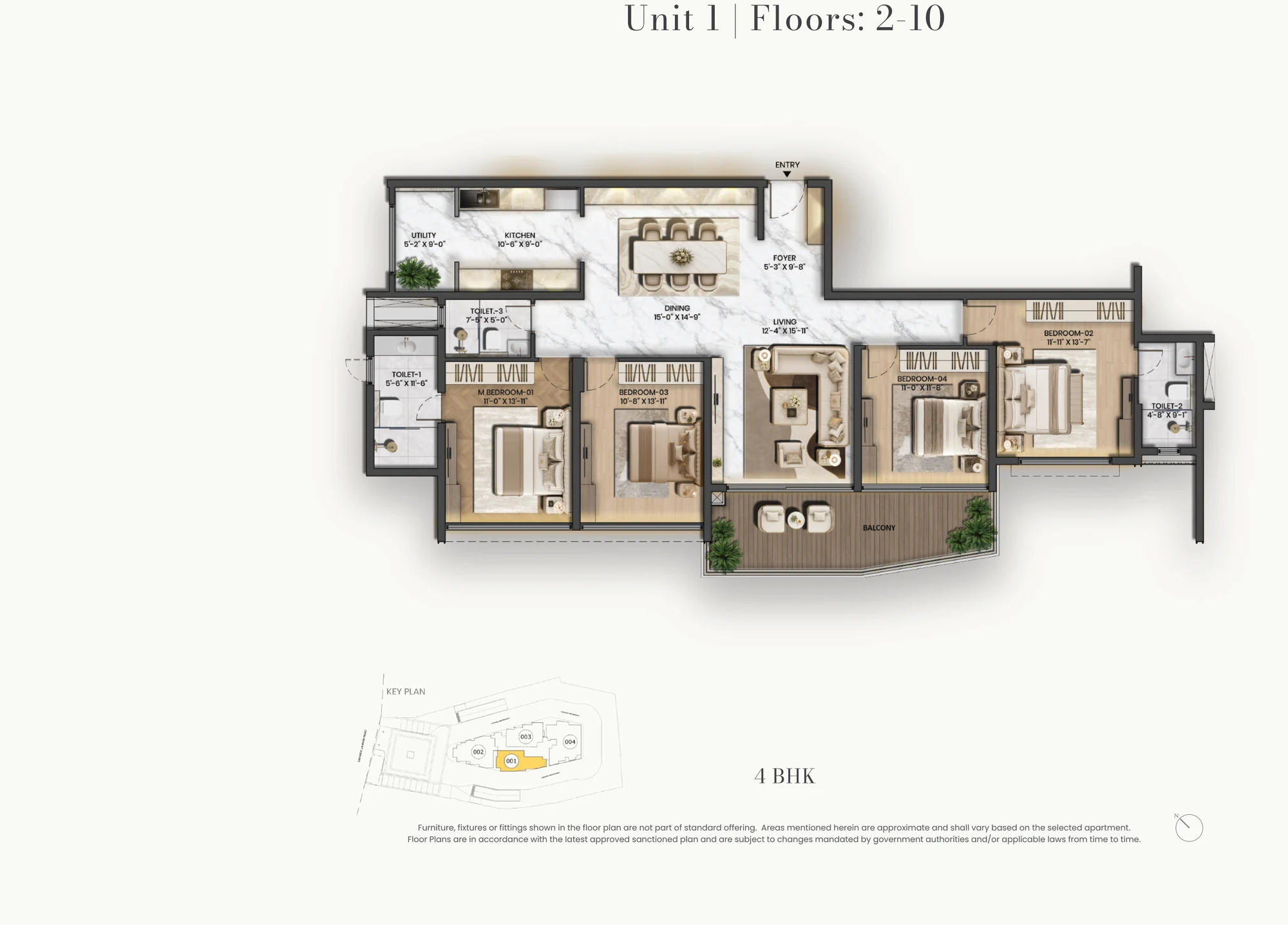 Purva Orient Grand 4 BHK Elegance floor plan, Unit 01 on floors 2 to 10: foyer, dining and living in one marble spine, kitchen and utility, four bedrooms, three toilets and a deck off the living room and bedroom 4