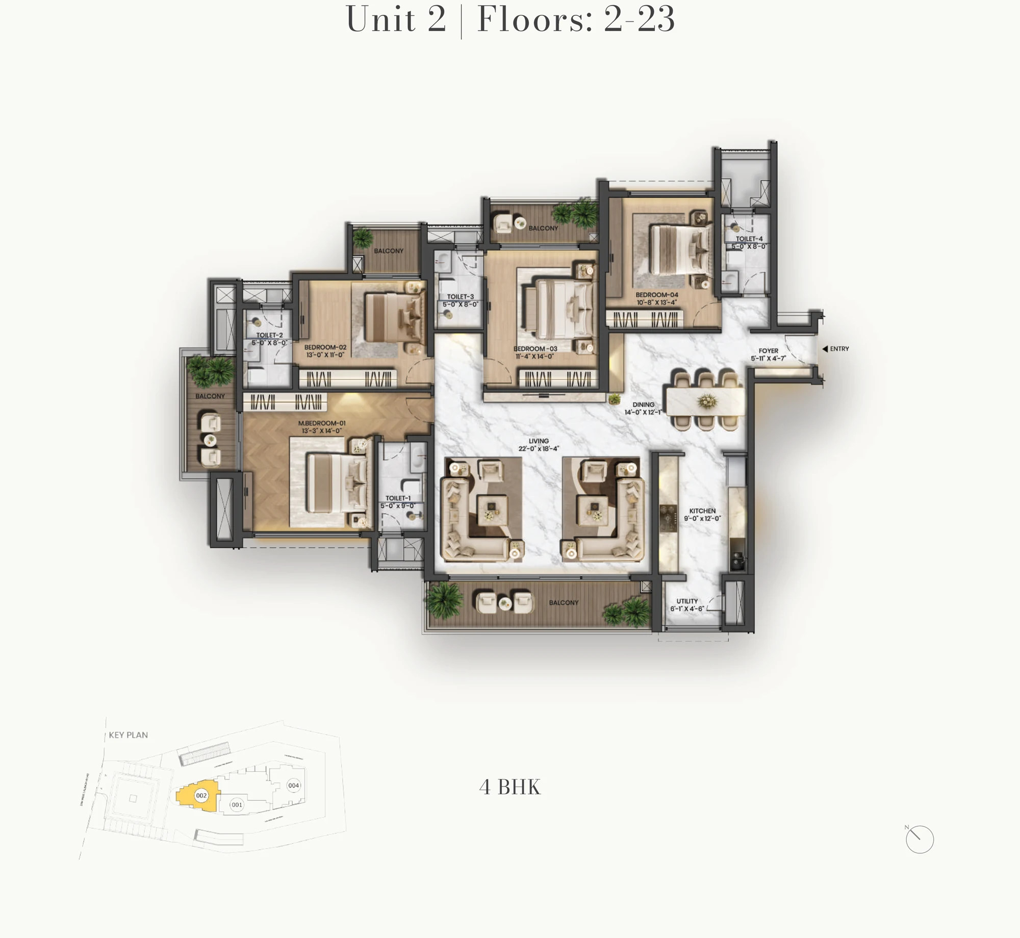 Purva Orient Grand 4 BHK Luxury corner floor plan, Unit 02 on floors 2 to 23: 22-foot living room with two seating areas, dining, kitchen and utility, four bedrooms, four toilets and four separate balconies