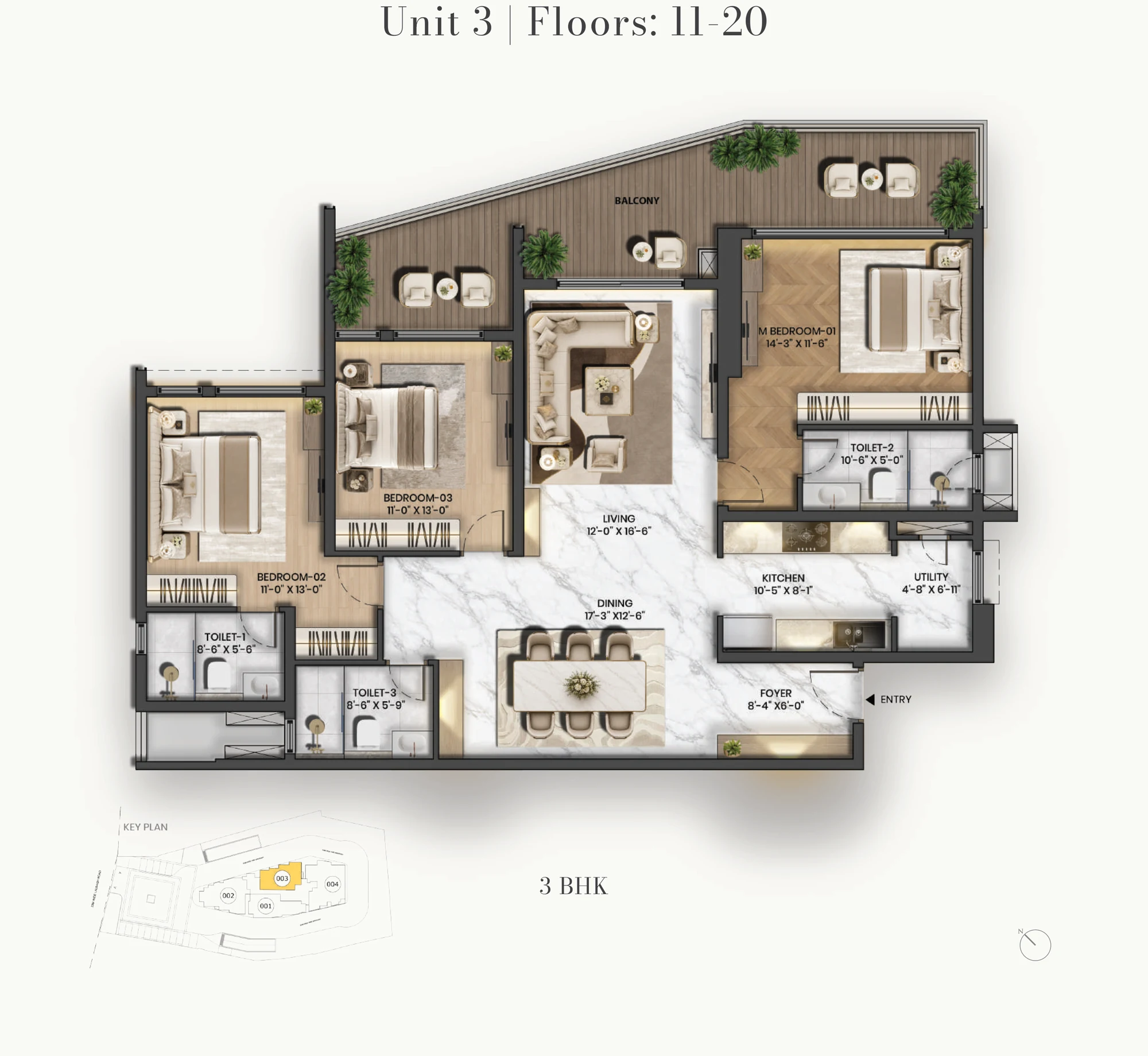 Purva Orient Grand 3 BHK Super Premium floor plan, Unit 03 on floors 11 to 20: the same rooms as the lower floors with a wide deck running past bedroom 3, the living room and the master bedroom