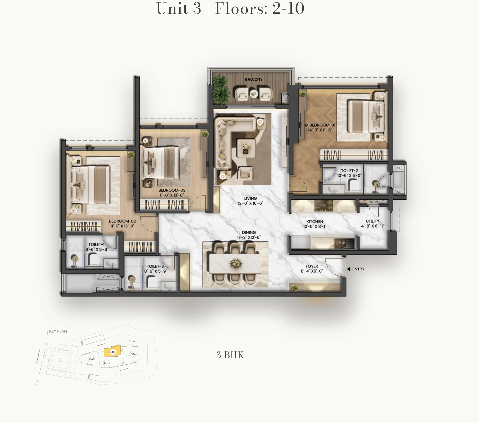 Purva Orient Grand 3 BHK Super Premium floor plan, Unit 03 on floors 2 to 10: foyer, marble living and dining, kitchen and utility, three bedrooms, three toilets and a balcony off the living room