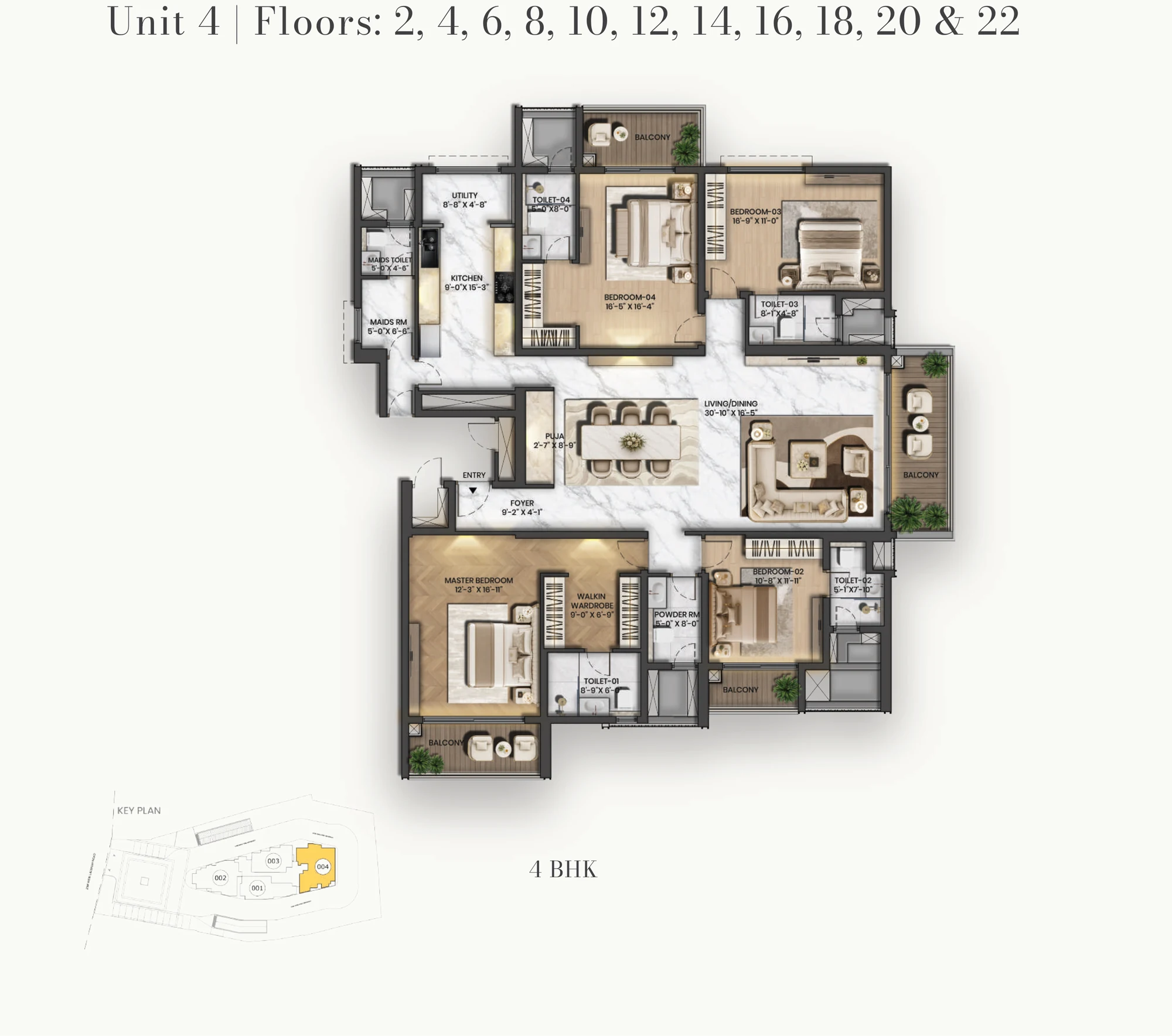 Purva Orient Grand 4 BHK Grandeur corner floor plan, Unit 04 on even floors 2 to 22: 30-foot living and dining room, puja, kitchen, utility, maid's room, master bedroom with walk-in wardrobe, four bedrooms, powder room and four balconies