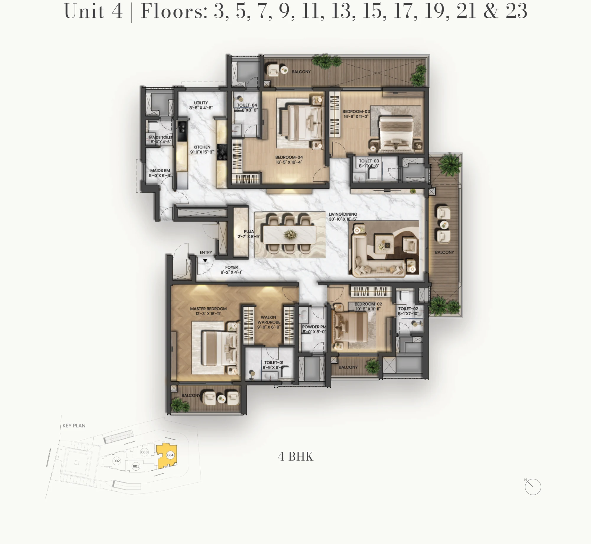 Purva Orient Grand 4 BHK Grandeur corner floor plan, Unit 04 on odd floors 3 to 23: the same rooms as the even floors with a wider deck running along bedrooms 3 and 4