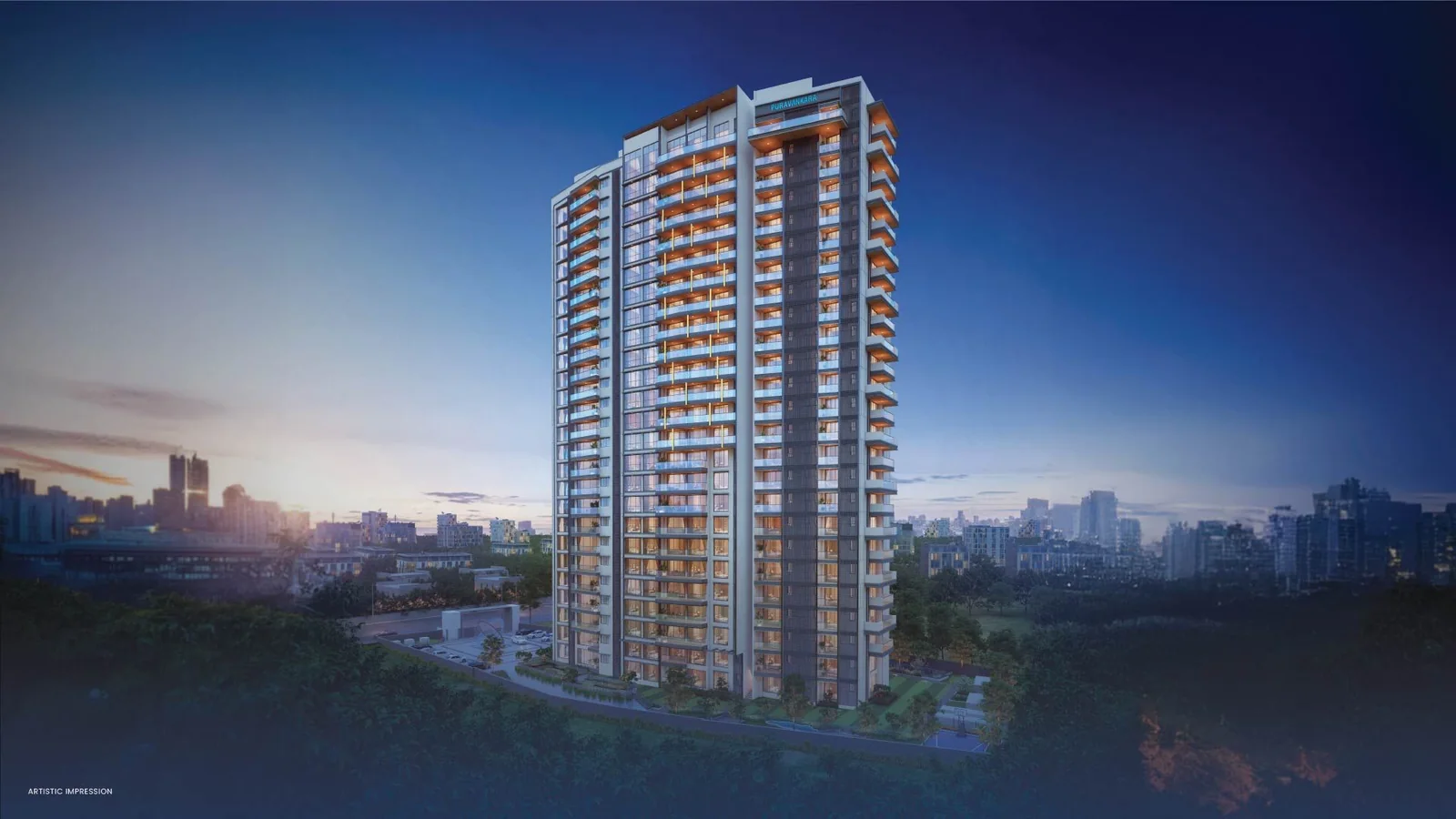 Purva Orient Grand's single G+24 tower lit at dusk above the tree canopy of Central Bengaluru, artistic impression