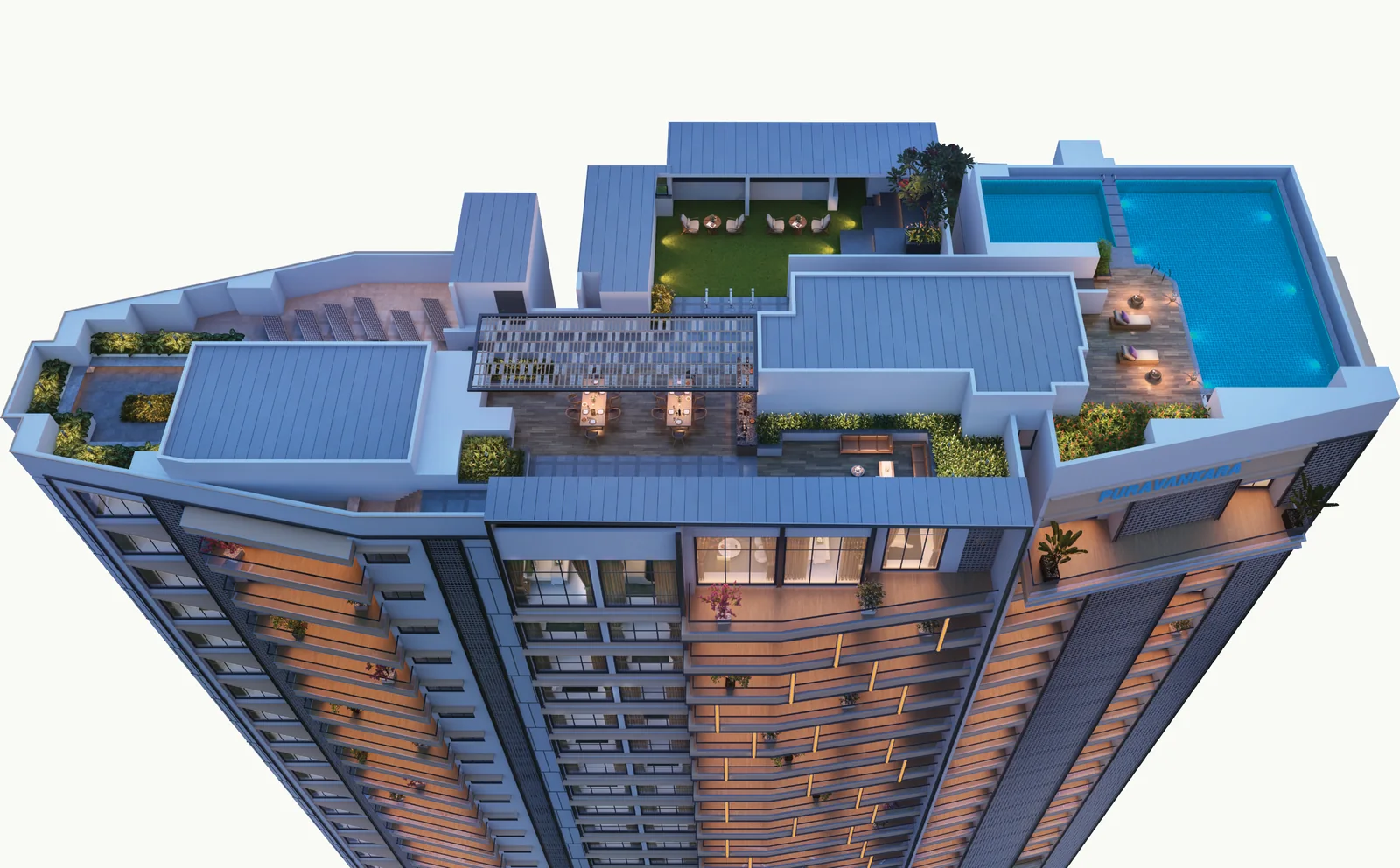 Aerial render of The Rose & Cypress rooftop club at Purva Orient Grand, with the infinity pool, pool deck, rooftop lawn and terrace dining crowning the tower